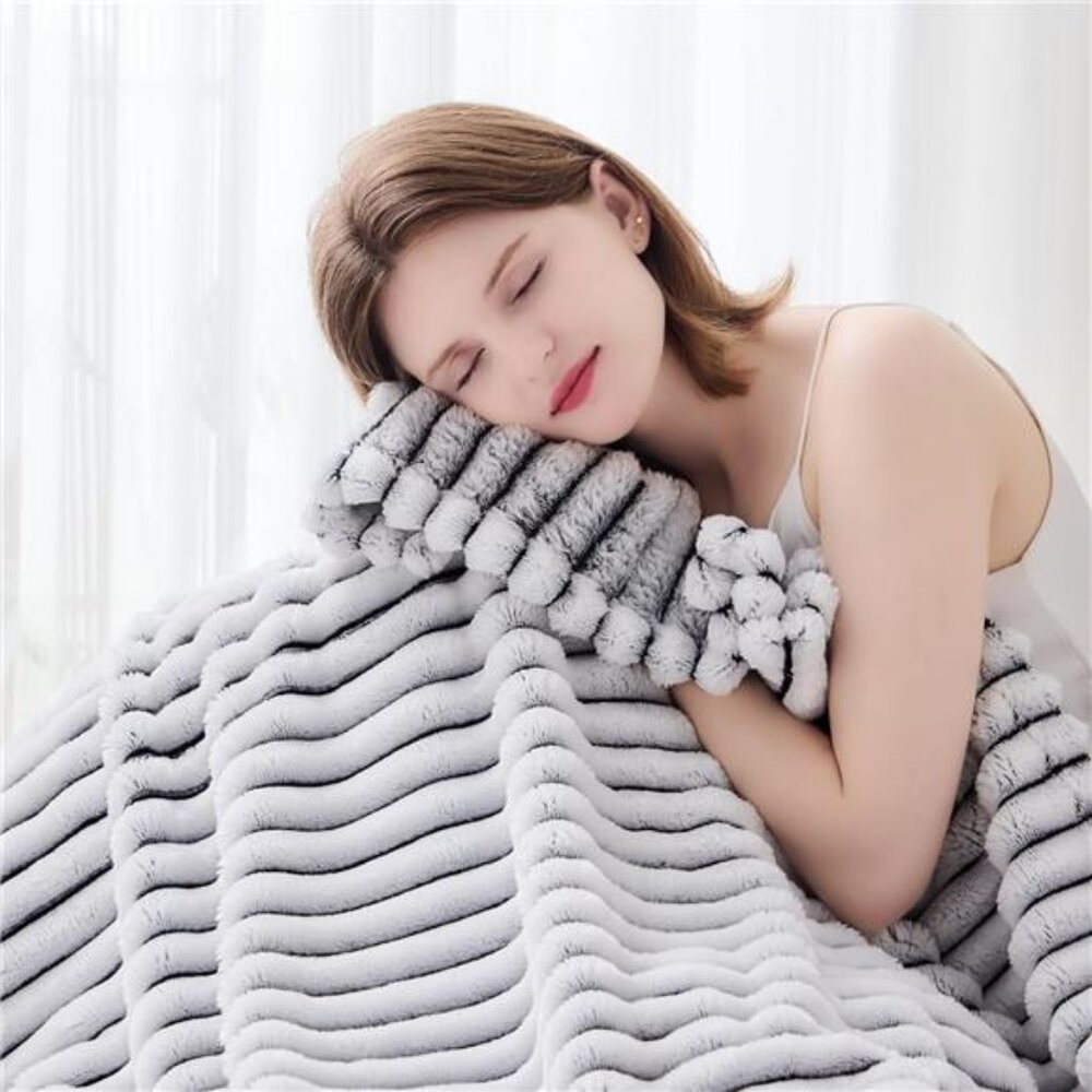 Super Soft Throw Blanket Black and White Ribbed Premium Silky Flannel 50"x60"